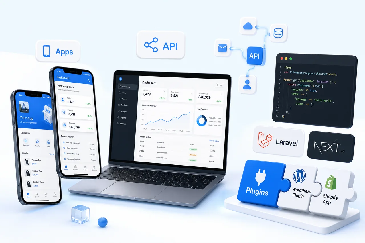 Laravel and Next.js Development with more depth than a thin landing page visual