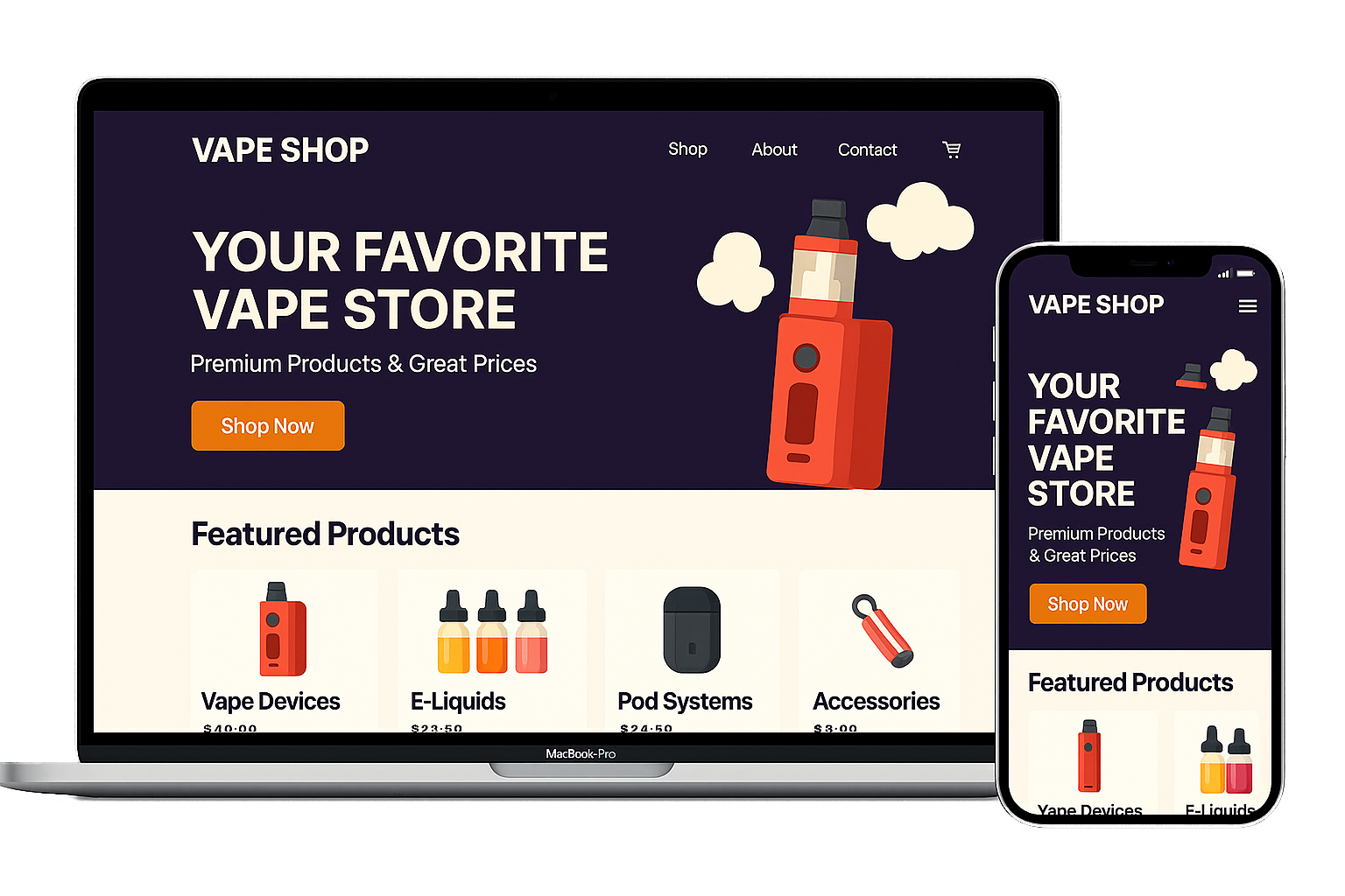 Preview of a modern vape shop website design by Magic Designs